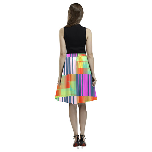 Vertical and horizontal stripes Melete Pleated Midi Skirt (Model D15)