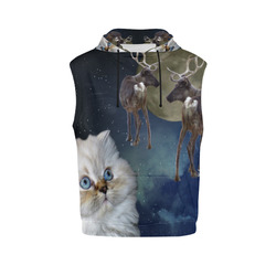 Cat and Reindeers All Over Print Sleeveless Hoodie for Men (Model H15)