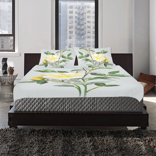 Yellow Rose on light blue floral watercolor 3-Piece Bedding Set