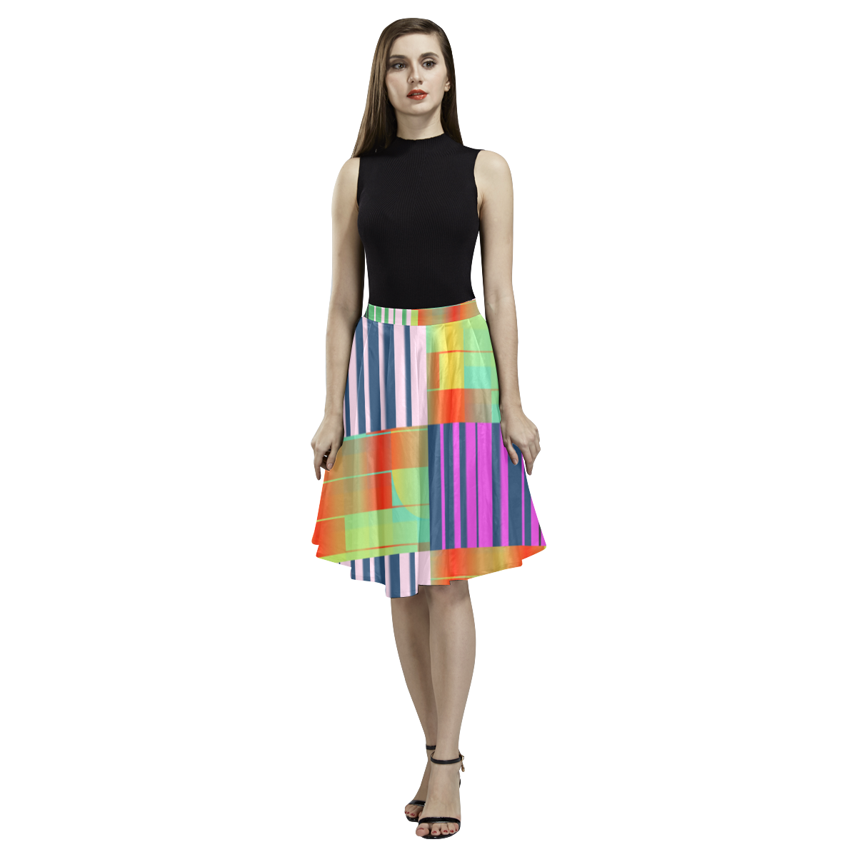 Vertical and horizontal stripes Melete Pleated Midi Skirt (Model D15)