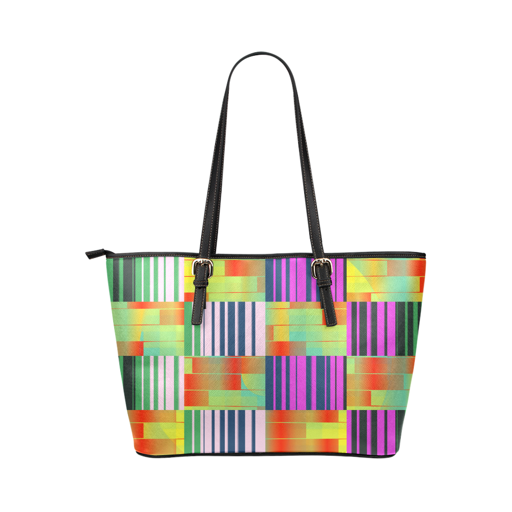 Vertical and horizontal stripes Leather Tote Bag/Large (Model 1651)