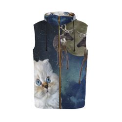 Cat and Reindeers All Over Print Sleeveless Zip Up Hoodie for Men (Model H16)