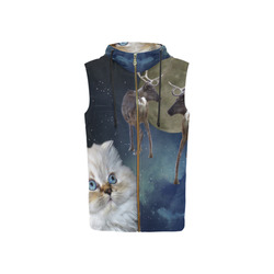 Cat and Reindeers All Over Print Sleeveless Zip Up Hoodie for Women (Model H16)