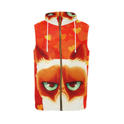 Funny Cat and Hearts All Over Print Sleeveless Zip Up Hoodie for Men (Model H16)