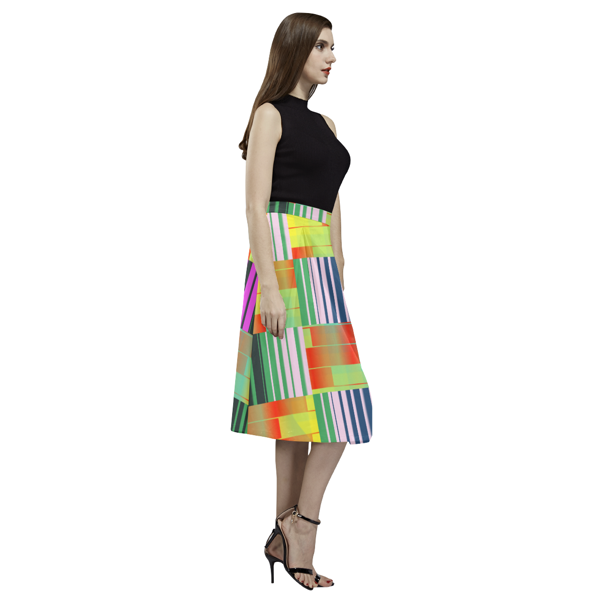 Vertical and horizontal stripes Aoede Crepe Skirt (Model D16)