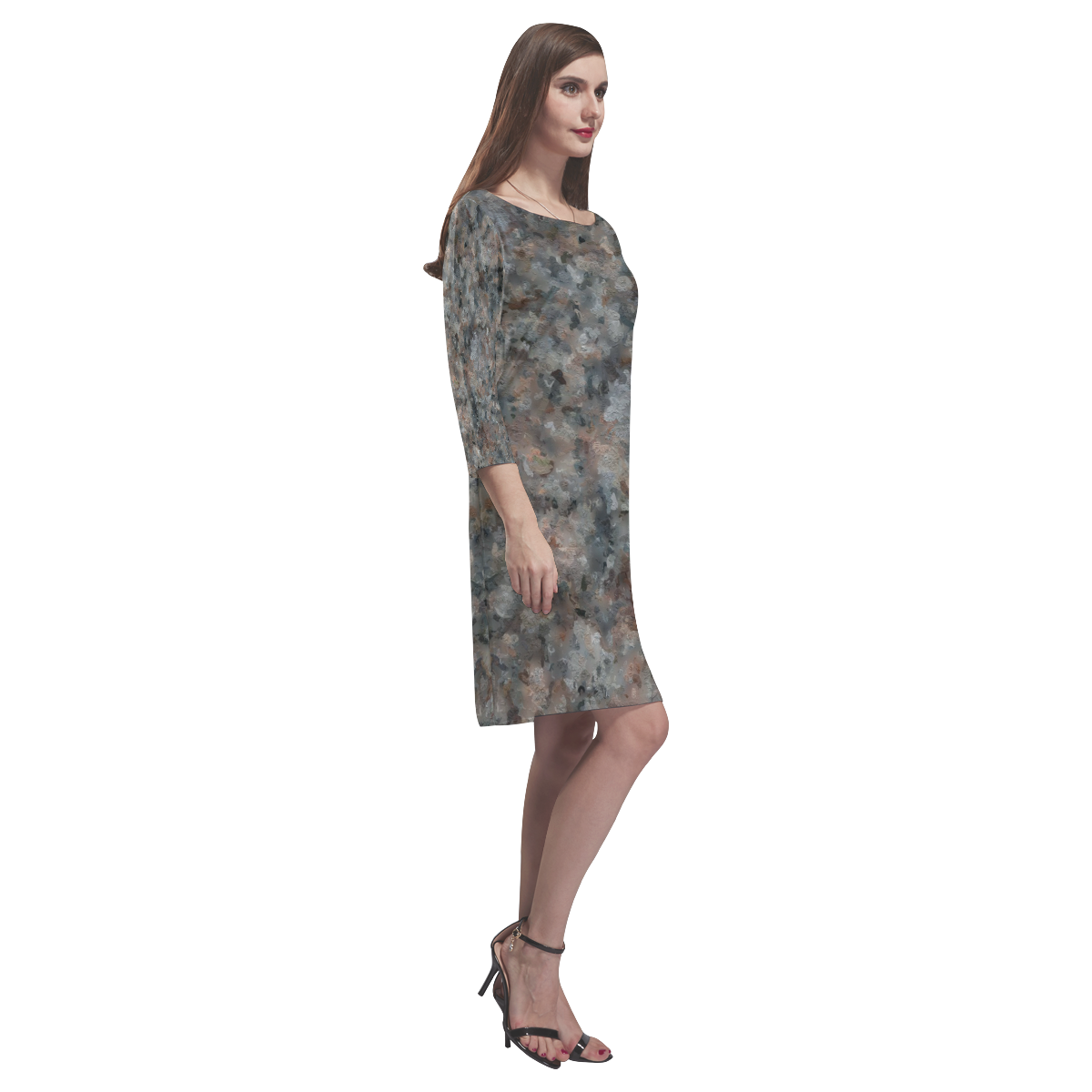 Gray and Pink Granite Rhea Loose Round Neck Dress(Model D22)