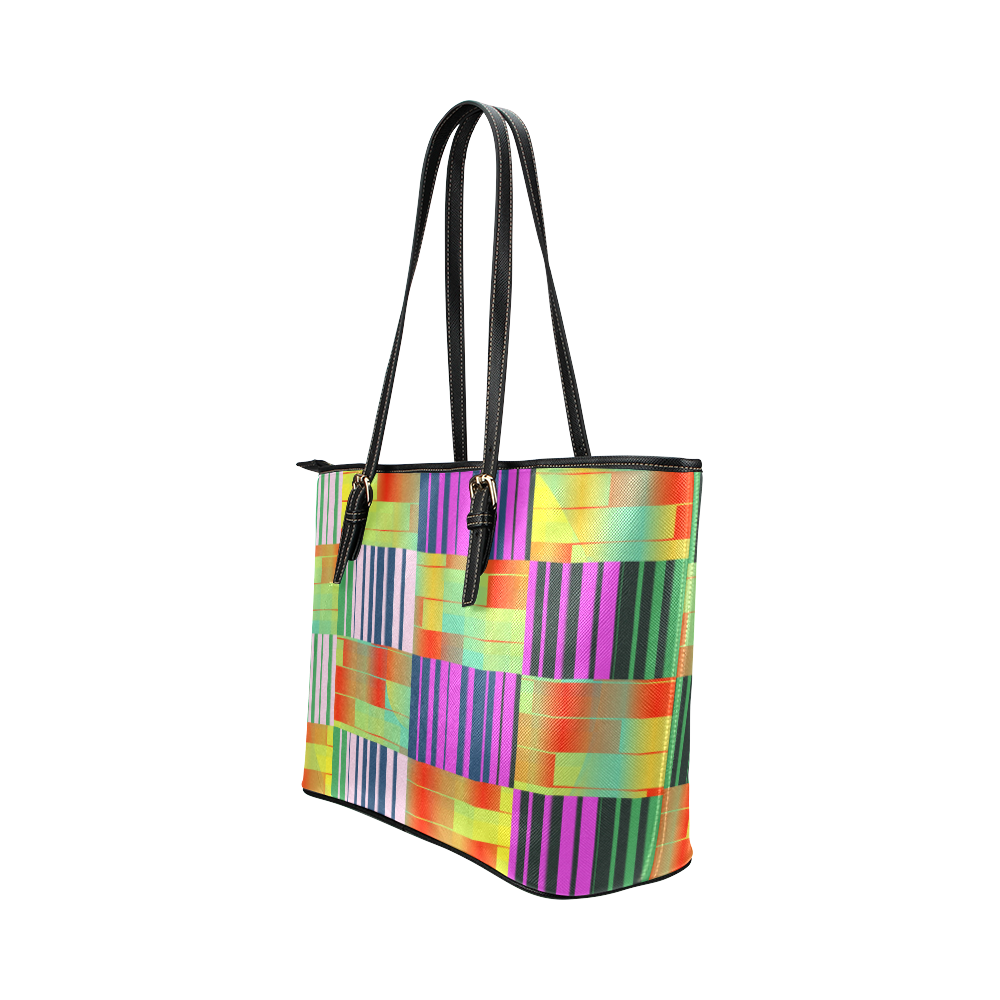 Vertical and horizontal stripes Leather Tote Bag/Large (Model 1651)