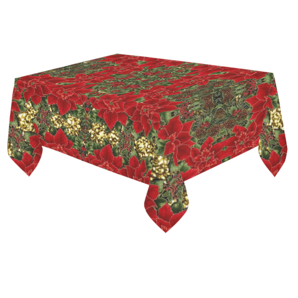 Red & Gold Poinsettia Pattern Cotton Linen Tablecloth 60"x 84"