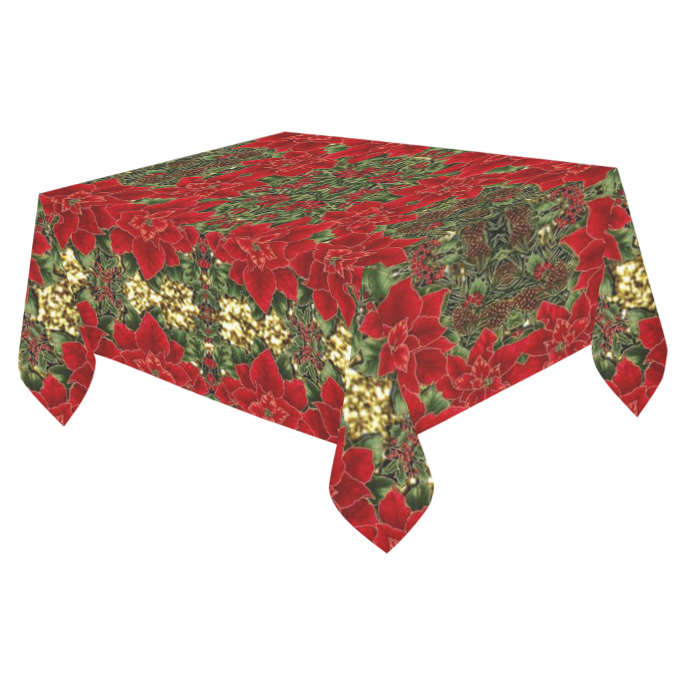 Red & Gold Poinsettia Pattern Cotton Linen Tablecloth 52"x 70"