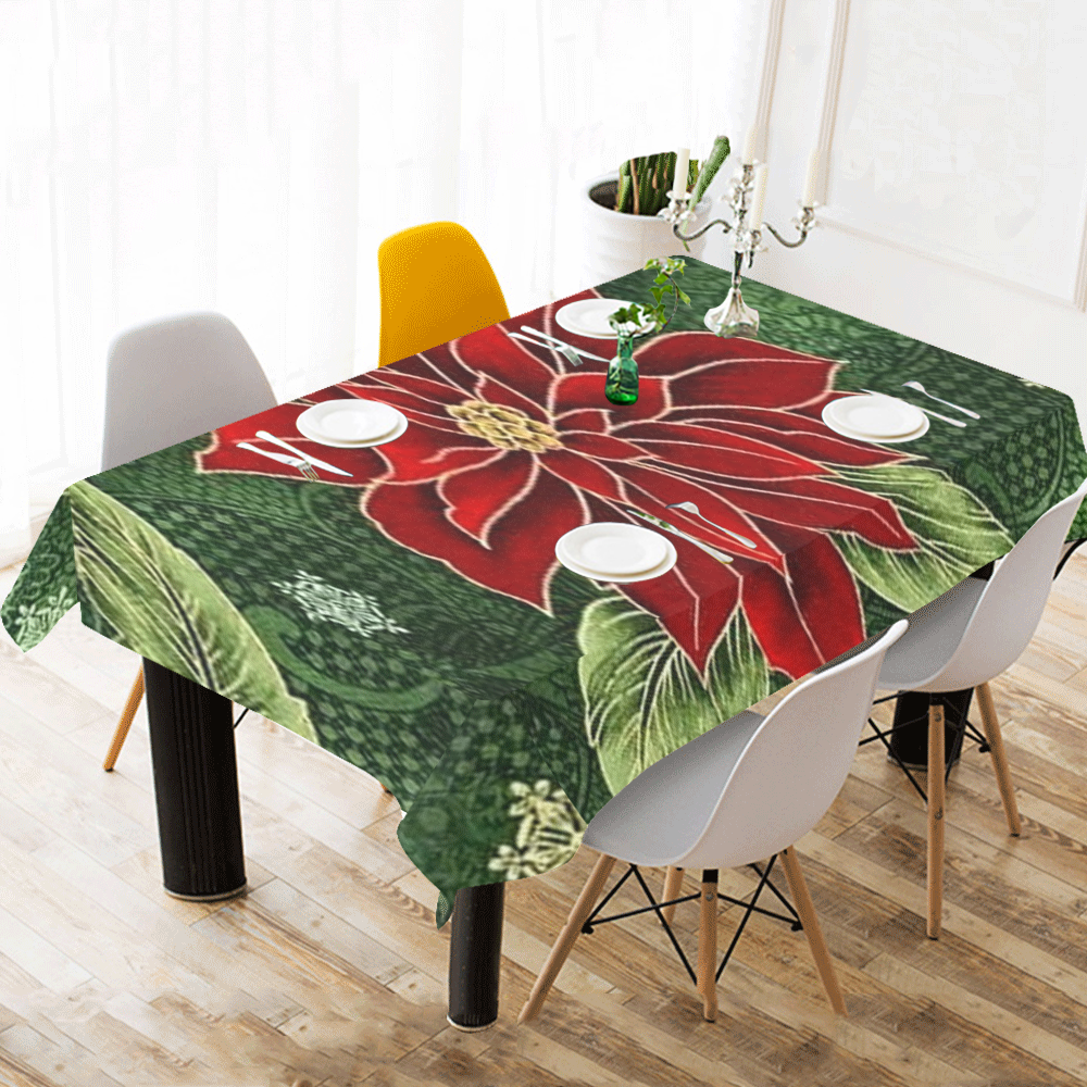 Elegant Christmas Poinsettia Cotton Linen Tablecloth 60"x120"