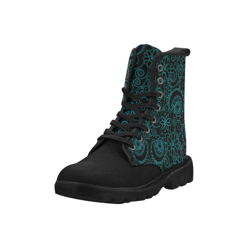 Ladies Girls Print Boots Teal Flowers Martin Boots for Women (Black) (Model 1203H)