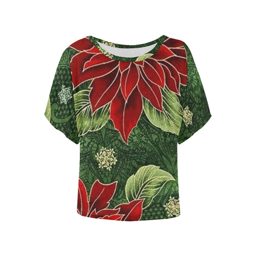 Elegant Christmas Poinsettia Women's Batwing-Sleeved Blouse T shirt (Model T44)