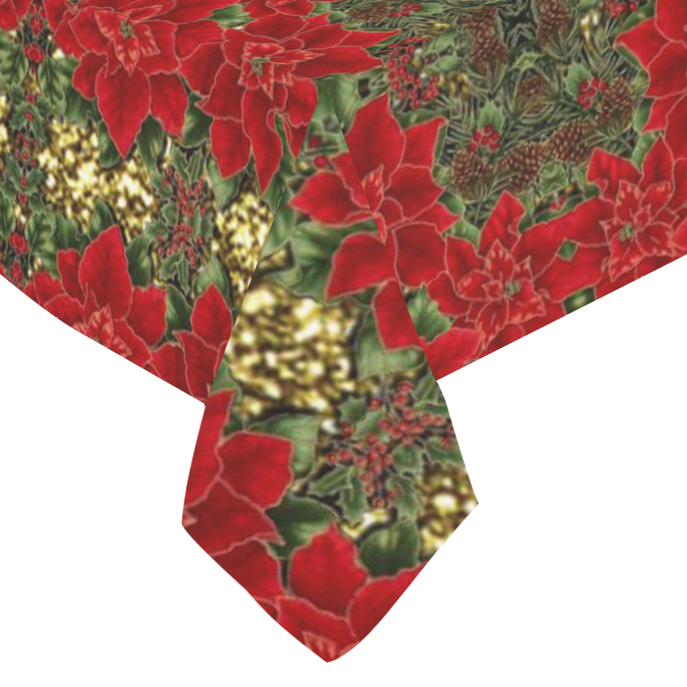 Red & Gold Poinsettia Pattern Cotton Linen Tablecloth 60"x 84"