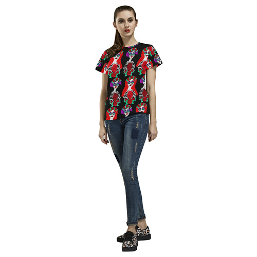 Kelly and Elly Skelly - Sugar skull All Over Print T-Shirt for Women (USA Size) (Model T40)