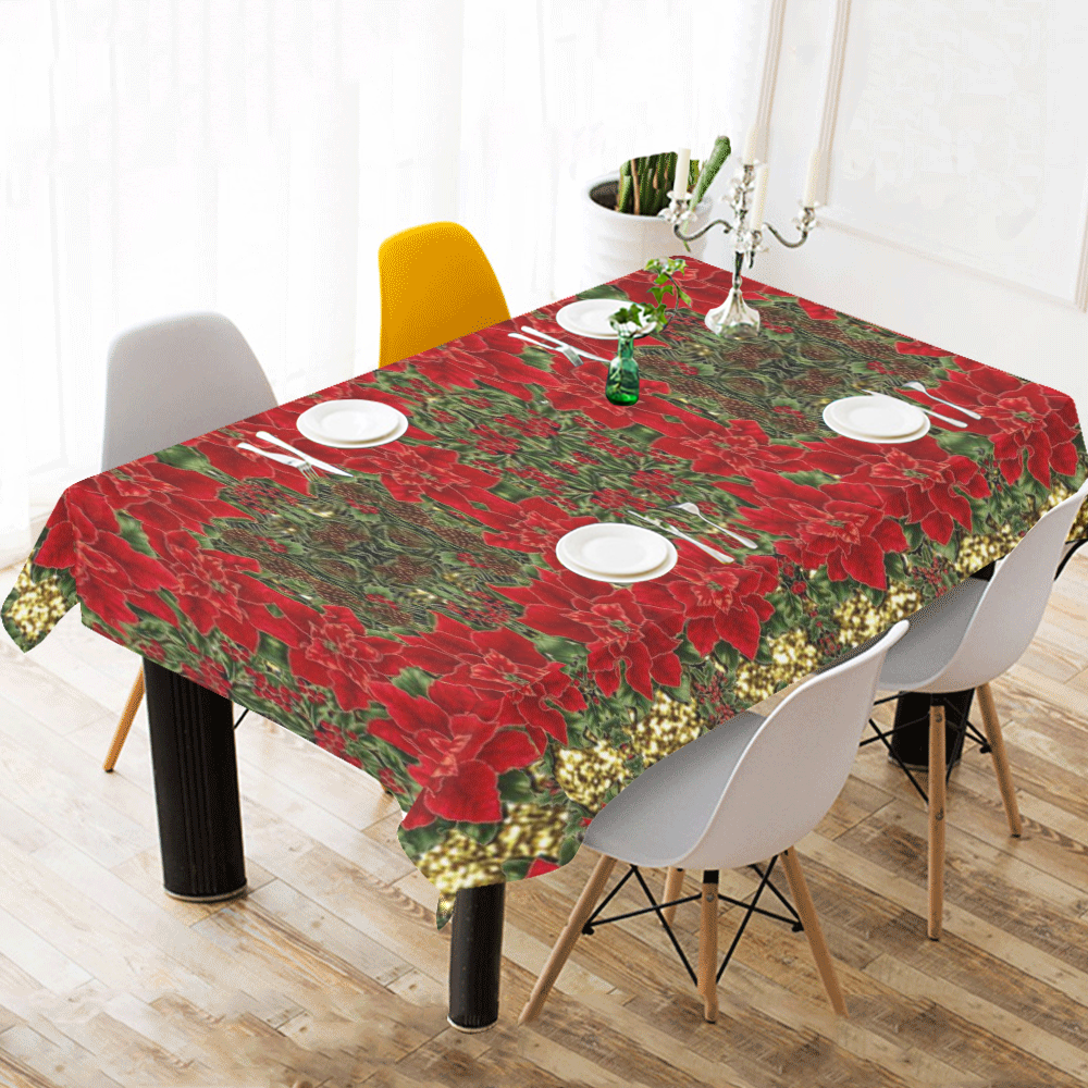 Red & Gold Poinsettia Pattern Cotton Linen Tablecloth 60"x120"