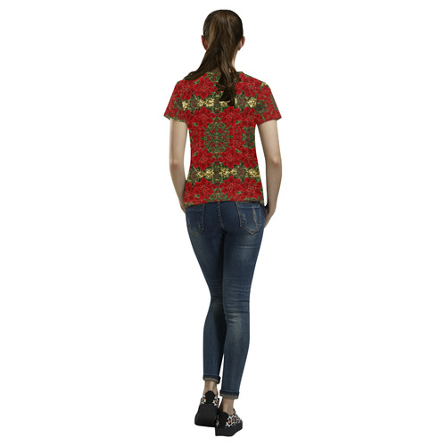 Red & Gold Poinsettia Pattern All Over Print T-Shirt for Women (USA Size) (Model T40)