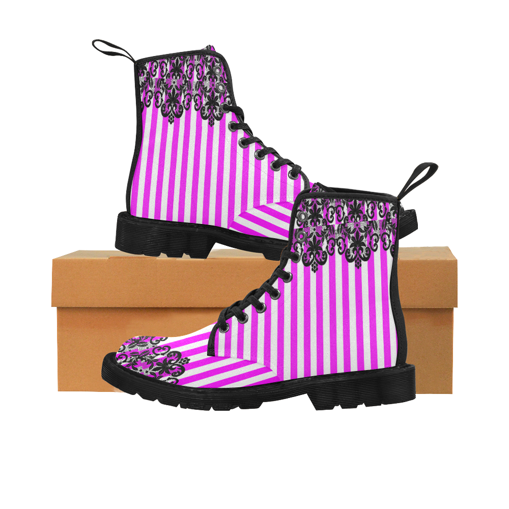 VSPinkStripeLaceIII Pattern Martin Boots for Women (Black) (Model 1203H)