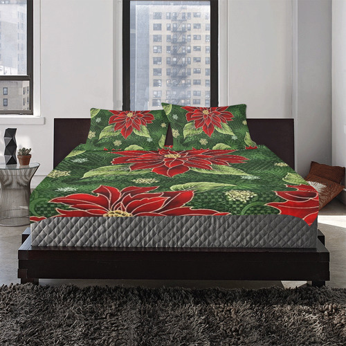Elegant Christmas Poinsettia 3-Piece Bedding Set