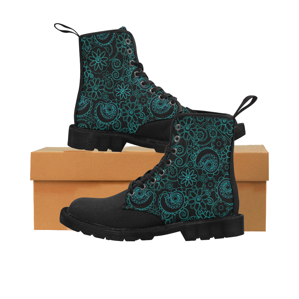 Beautiful Ladies Print Boots Teal Flowers Martin Boots for Women (Black) (Model 1203H)
