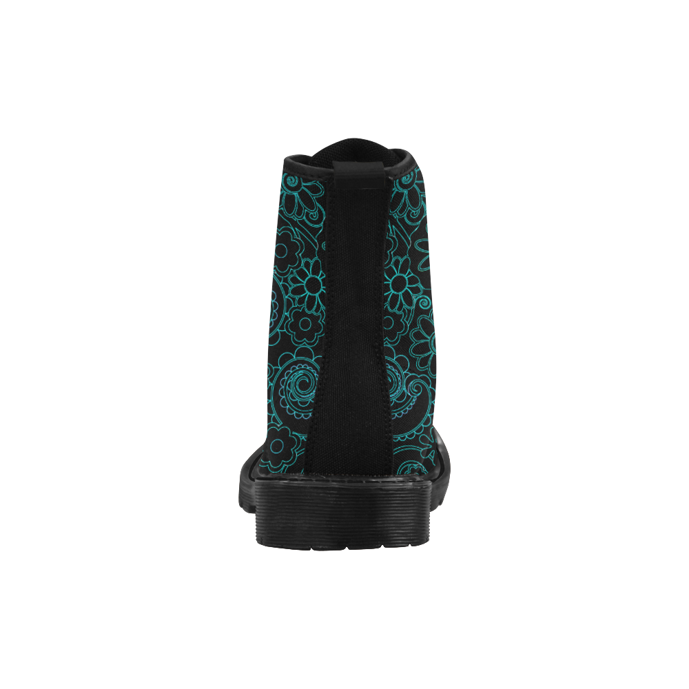 Beautiful Ladies Print Boots Teal Flowers Martin Boots for Women (Black) (Model 1203H)
