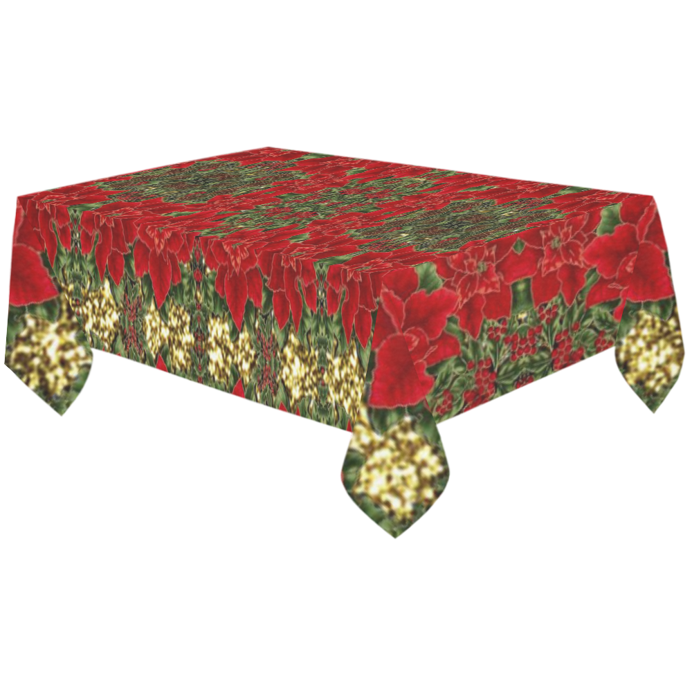 Red & Gold Poinsettia Pattern Cotton Linen Tablecloth 60"x120"