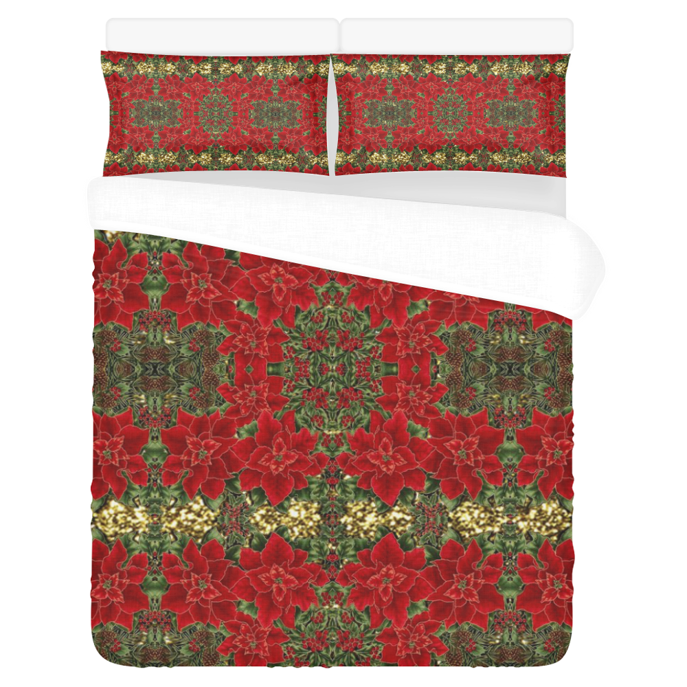 Red & Gold Poinsettia Pattern 3-Piece Bedding Set
