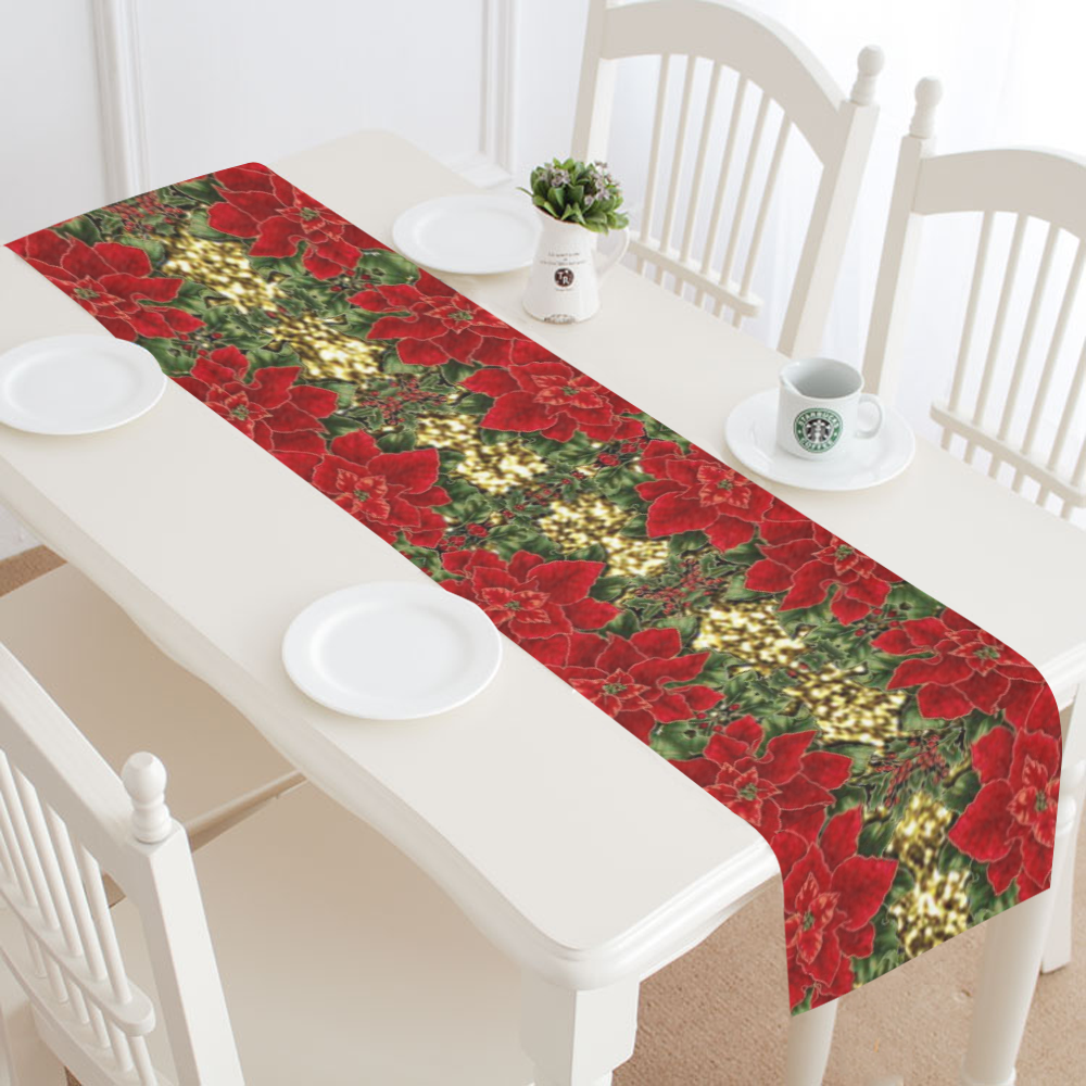 Red & Gold Poinsettia Pattern Table Runner 16x72 inch