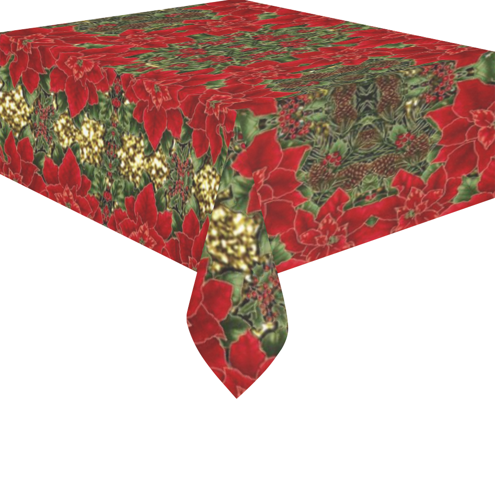 Red & Gold Poinsettia Pattern Cotton Linen Tablecloth 52"x 70"