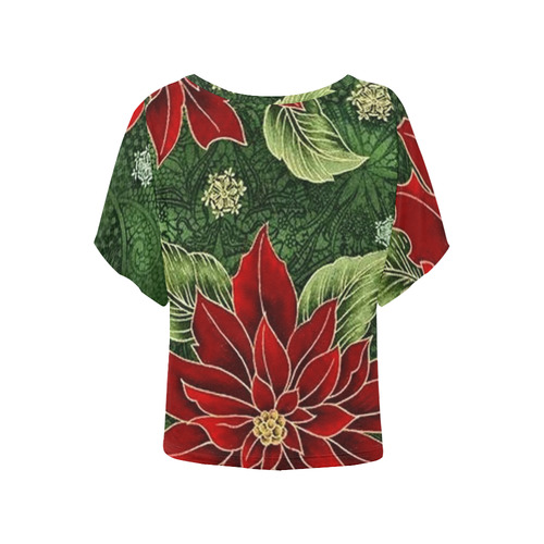 Elegant Christmas Poinsettia Women's Batwing-Sleeved Blouse T shirt (Model T44)