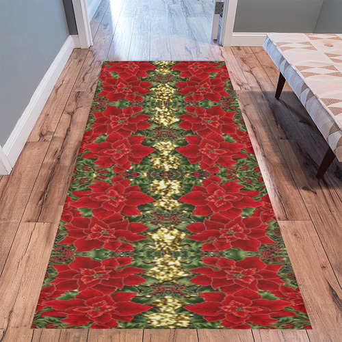 Red & Gold Poinsettia Pattern Area Rug 9'6''x3'3''