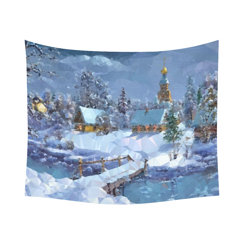 Christmas Landscape Snow River Bridge Cotton Linen Wall Tapestry 60"x 51"