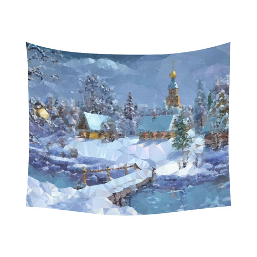 Christmas Landscape Snow River Bridge Cotton Linen Wall Tapestry 60"x 51"