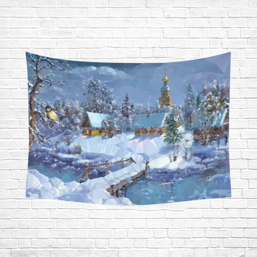 Christmas Landscape Snow River Bridge Cotton Linen Wall Tapestry 80"x 60"