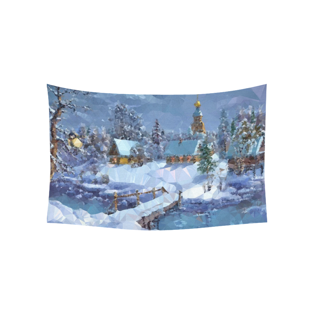 Christmas Landscape Snow River Bridge Cotton Linen Wall Tapestry 60"x 40"
