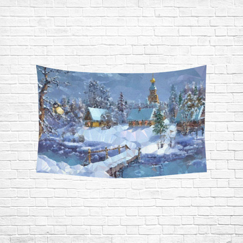 Christmas Landscape Snow River Bridge Cotton Linen Wall Tapestry 60"x 40"