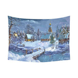 Christmas Landscape Snow River Bridge Cotton Linen Wall Tapestry 80"x 60"