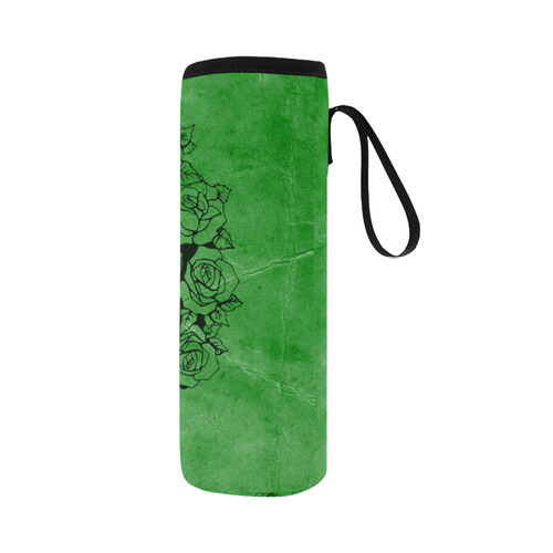 Skull with roses, green Neoprene Water Bottle Pouch/Large