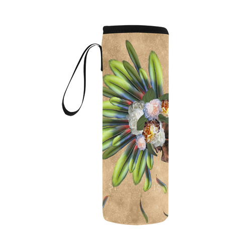 Amazing skull with feathers and flowers Neoprene Water Bottle Pouch/Large