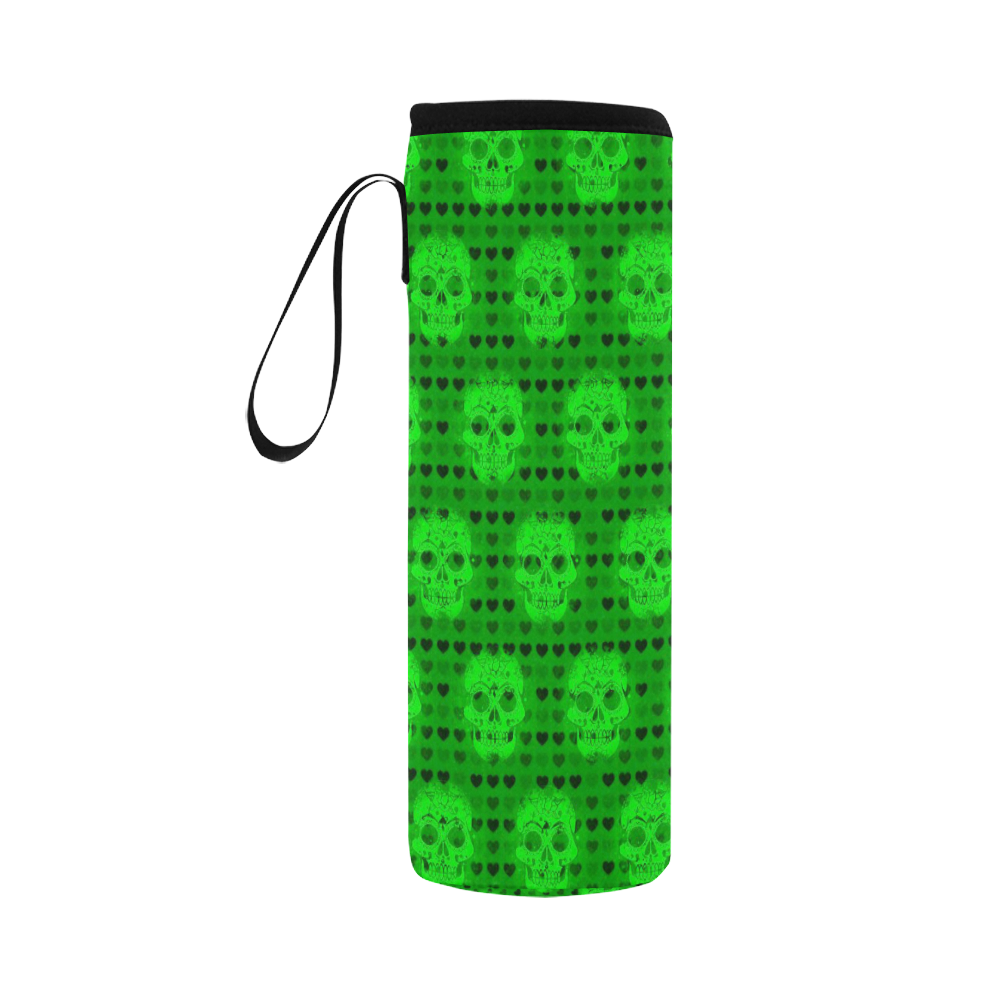 skulls and hearts, green by JamColors Neoprene Water Bottle Pouch/Large