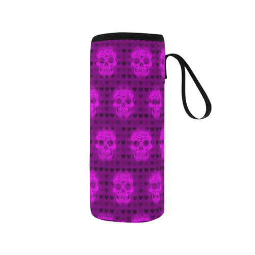 skulls and hearts, pink by JamColors Neoprene Water Bottle Pouch/Medium