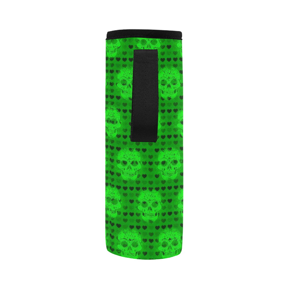 skulls and hearts, green by JamColors Neoprene Water Bottle Pouch/Large