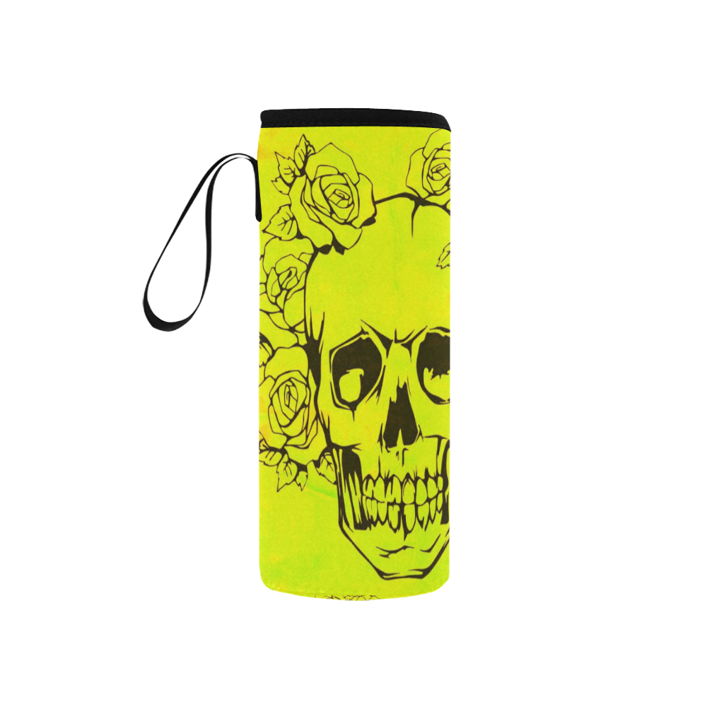 Skull with roses, yellow Neoprene Water Bottle Pouch/Small