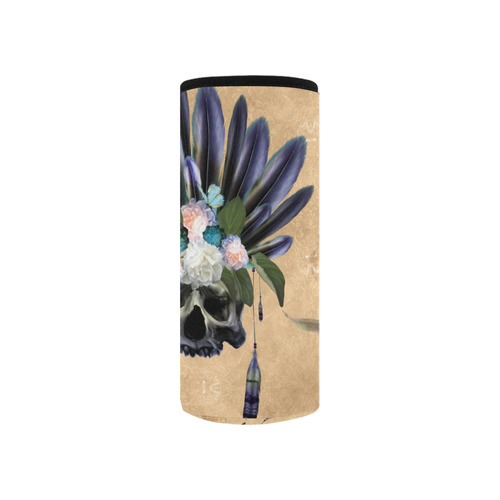 Cool skull with feathers and flowers Neoprene Water Bottle Pouch/Small