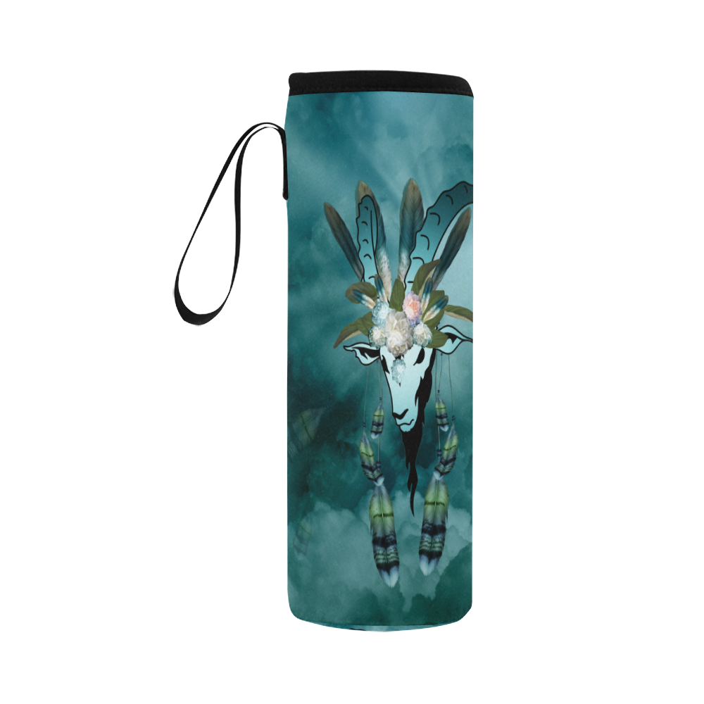 The billy goat with feathers and flowers Neoprene Water Bottle Pouch/Large