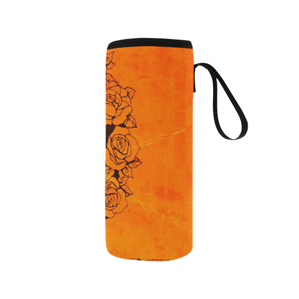 Skull with roses,orange Neoprene Water Bottle Pouch/Medium