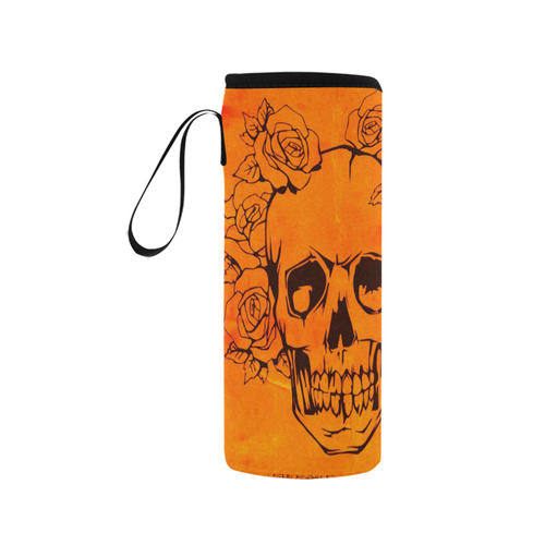 Skull with roses,orange Neoprene Water Bottle Pouch/Medium