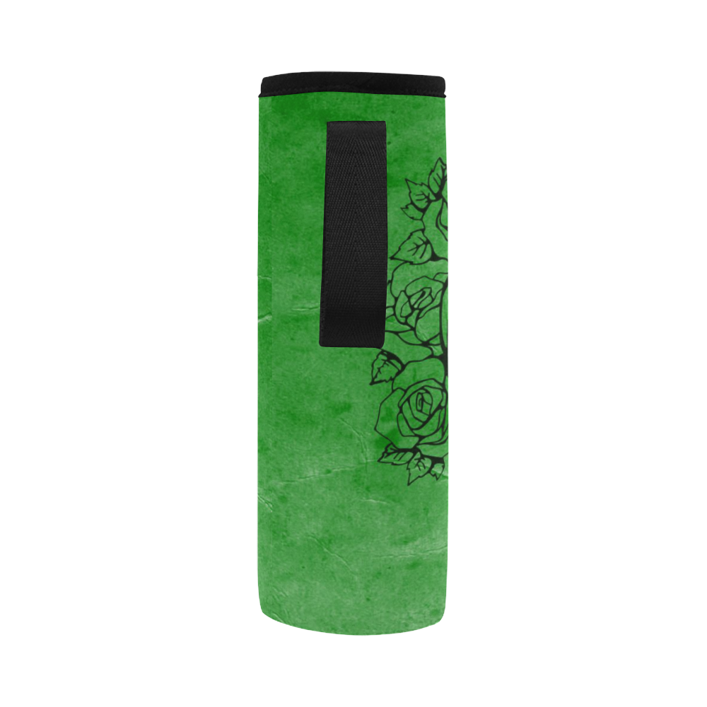Skull with roses, green Neoprene Water Bottle Pouch/Large