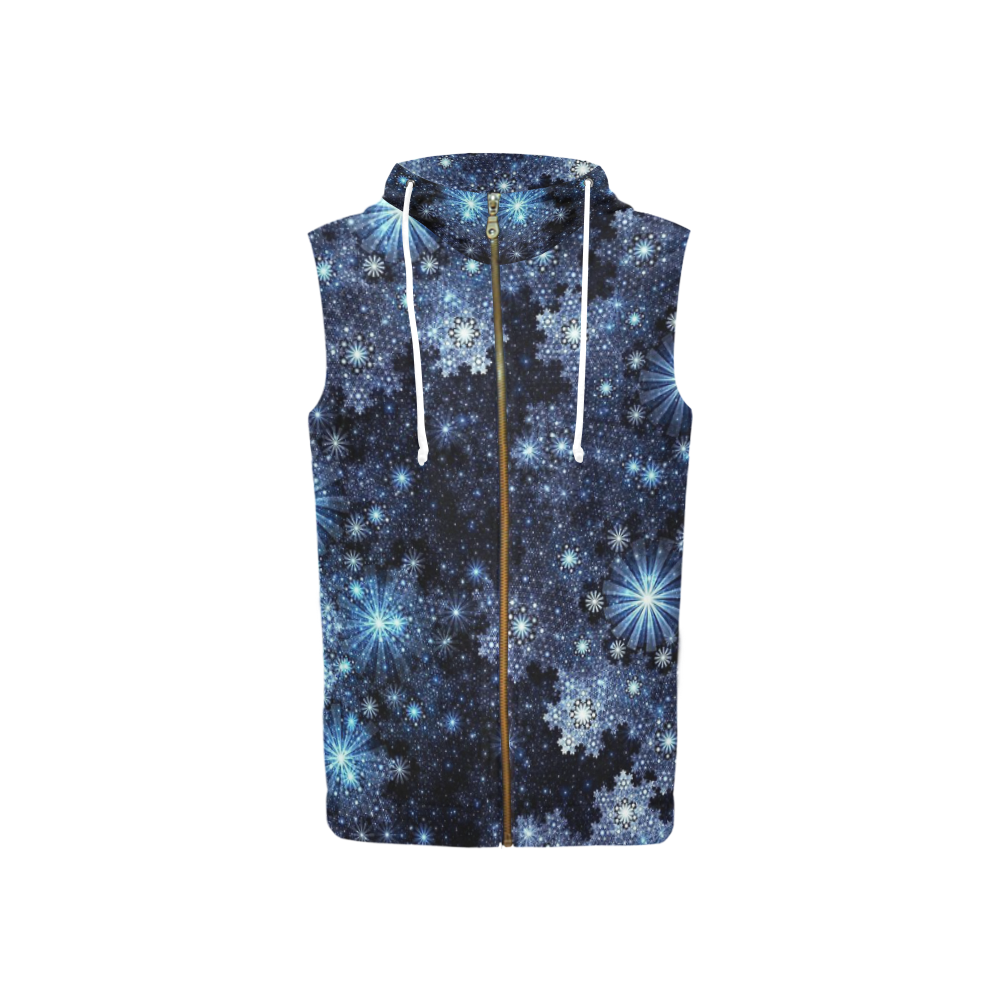 Wintery Blue Snowflake Pattern All Over Print Sleeveless Zip Up Hoodie for Women (Model H16)