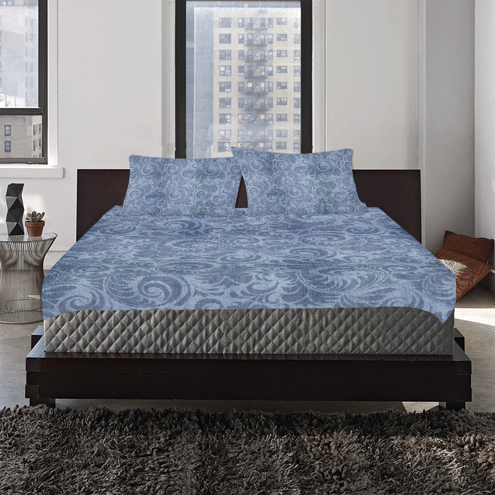 Denim with vintage floral pattern, blue boho 3-Piece Bedding Set