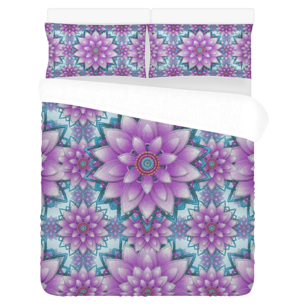 Lotus Flower Pattern - Purple and turquoise 3-Piece Bedding Set